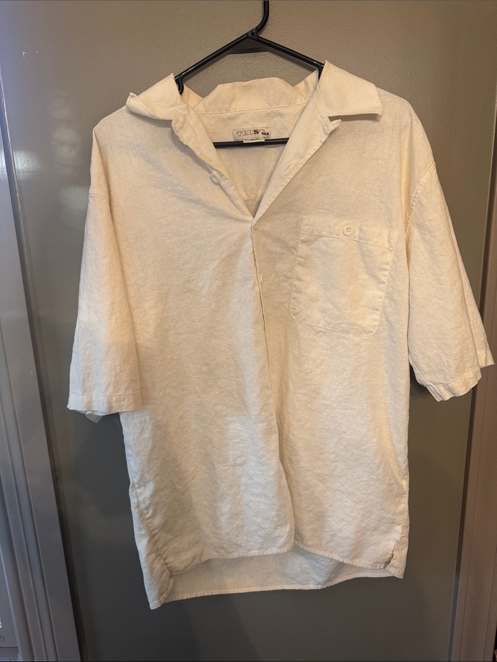 Vintage Cream Linen Blend Short Sleeve Button-Up Shirt - Size XL